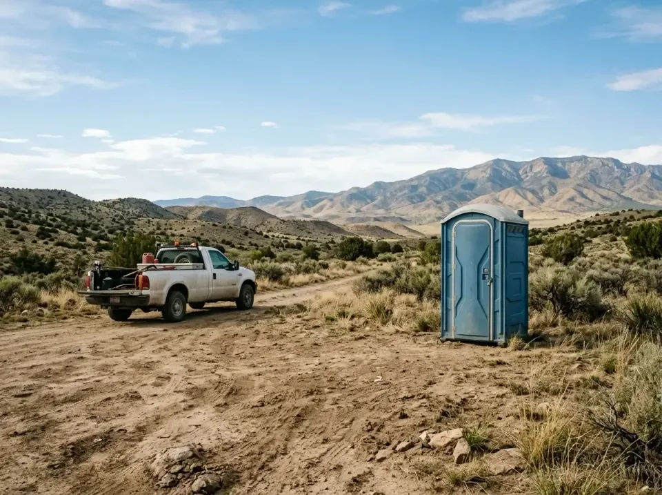 Portable Toilet — Remote Location — Portable Toilet, Pickup Truck, Dirt Road, Remote Location, Luxury Restroom Trailer Renta…